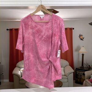 Coral Bay Women’s Solid Sequin Embellished Asymmetrical Short Sleeve Top Size L